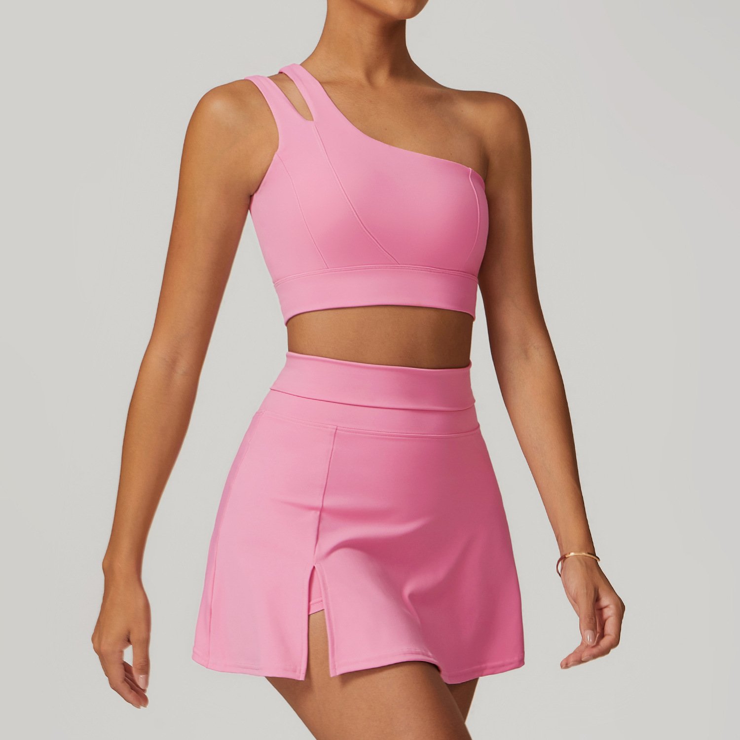 Lcool Custom One shoulder sports bra High Waist Tight Skirts Set athletic wear sets women's tennis skirt with Built-in Short