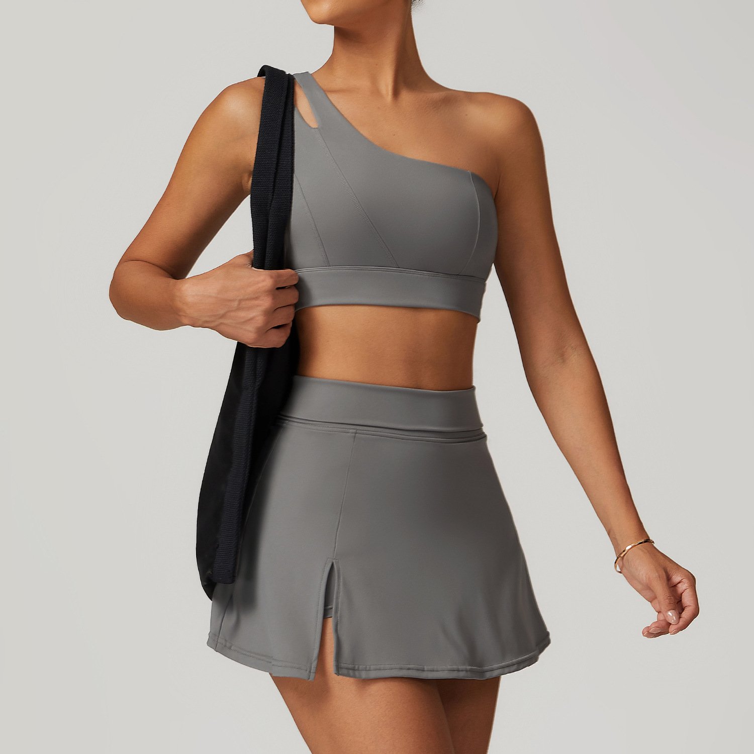 Lcool Custom One shoulder sports bra High Waist Tight Skirts Set athletic wear sets women's tennis skirt with Built-in Short