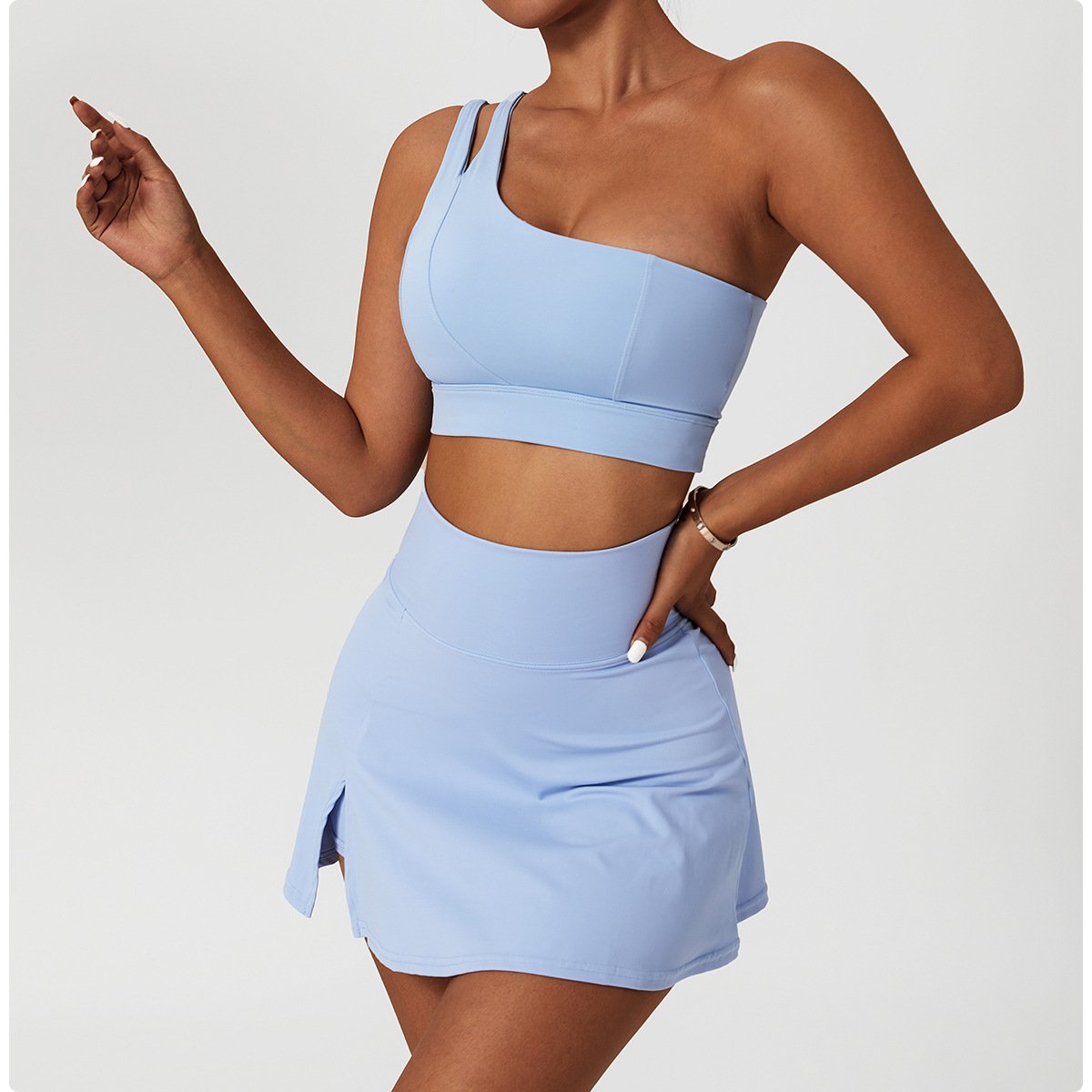 Lcool Custom One shoulder sports bra High Waist Tight Skirts Set athletic wear sets women's tennis skirt with Built-in Short