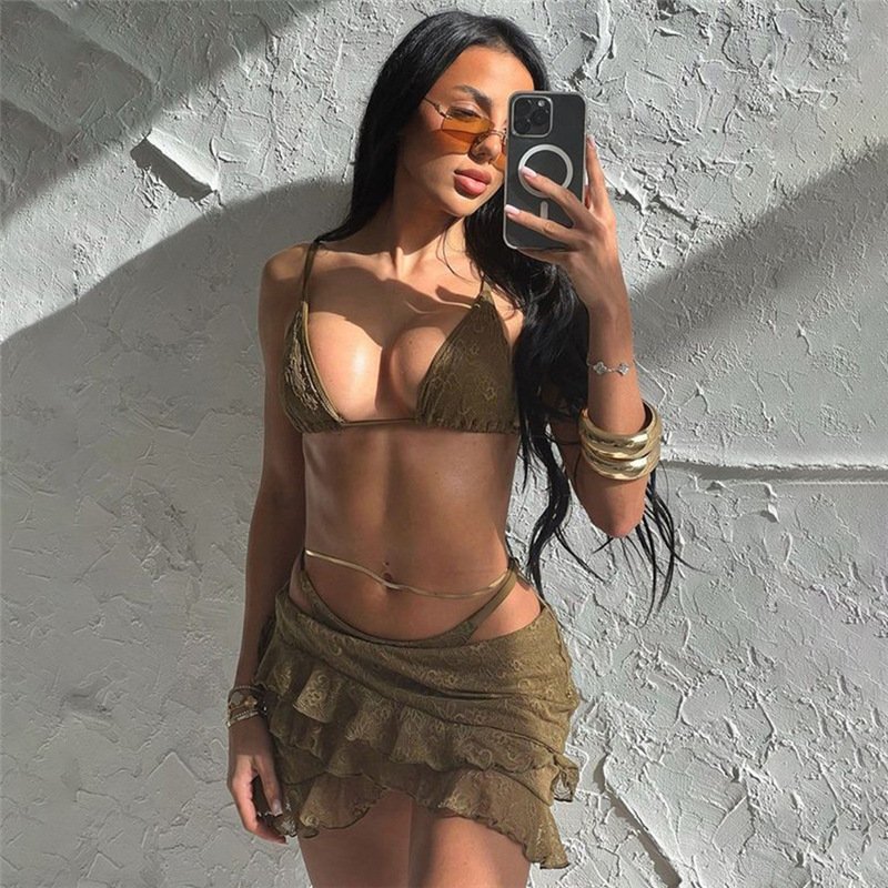 New Arrivals 3 Piece Set Women Sexy Bra+mini Skirt Women's Sets Trendy Party Wear Lace Solid Outfit