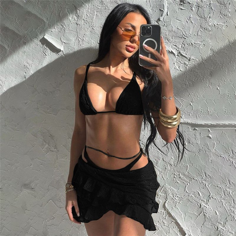 New Arrivals 3 Piece Set Women Sexy Bra+mini Skirt Women's Sets Trendy Party Wear Lace Solid Outfit