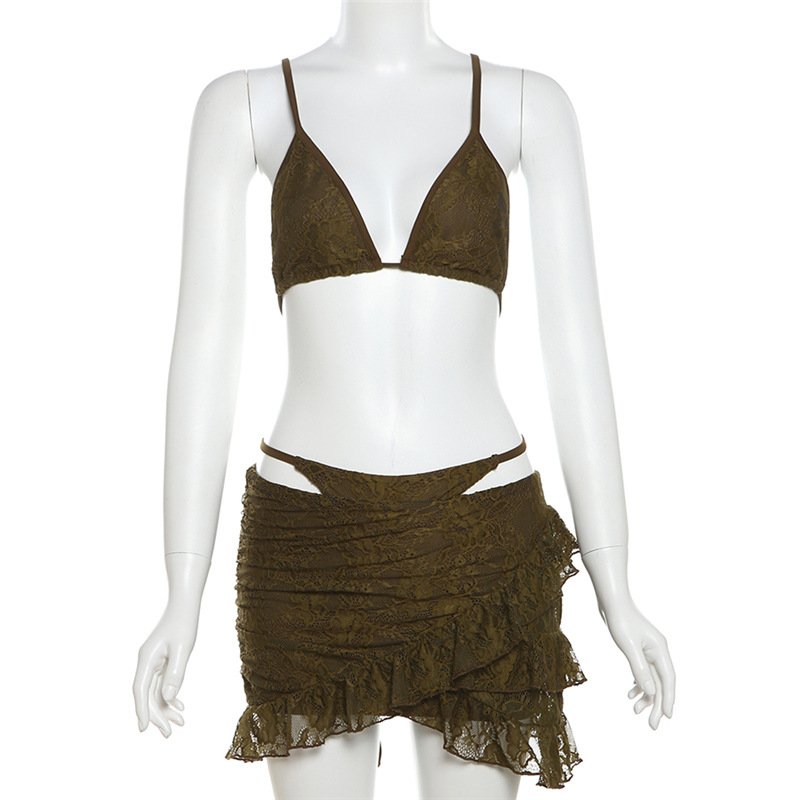 New Arrivals 3 Piece Set Women Sexy Bra+mini Skirt Women's Sets Trendy Party Wear Lace Solid Outfit