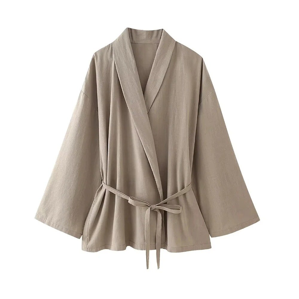 Women's Fashion Two-Piece Set with Belt Textured Kimono Blouses and Mid-Elastic Waist Drawstring Trousers Female