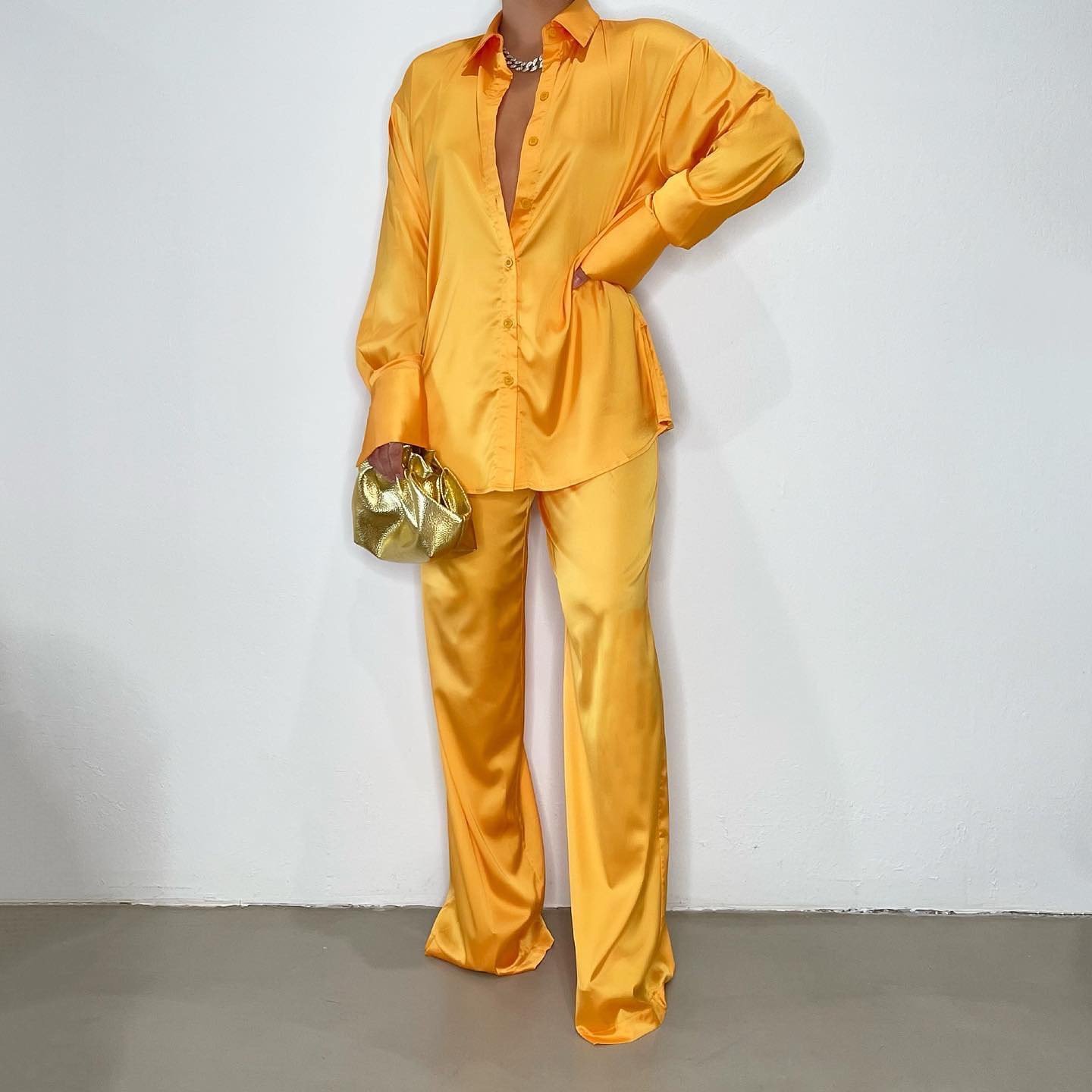 Female Loose Solid Tops Two Pieces Outfits Casual Long Sleeve Shirt Straight Pants Suit 2024 Elegant Satin Women's Sets
