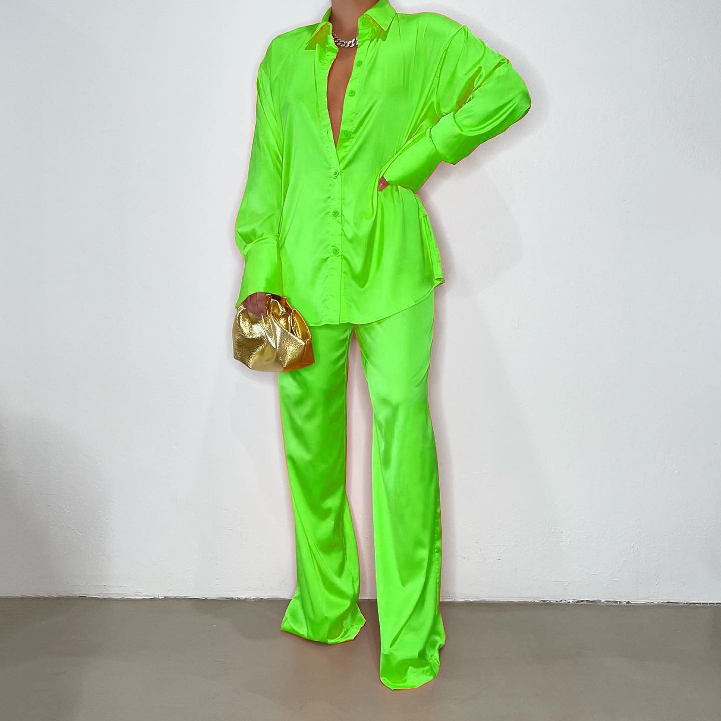 Female Loose Solid Tops Two Pieces Outfits Casual Long Sleeve Shirt Straight Pants Suit 2024 Elegant Satin Women's Sets