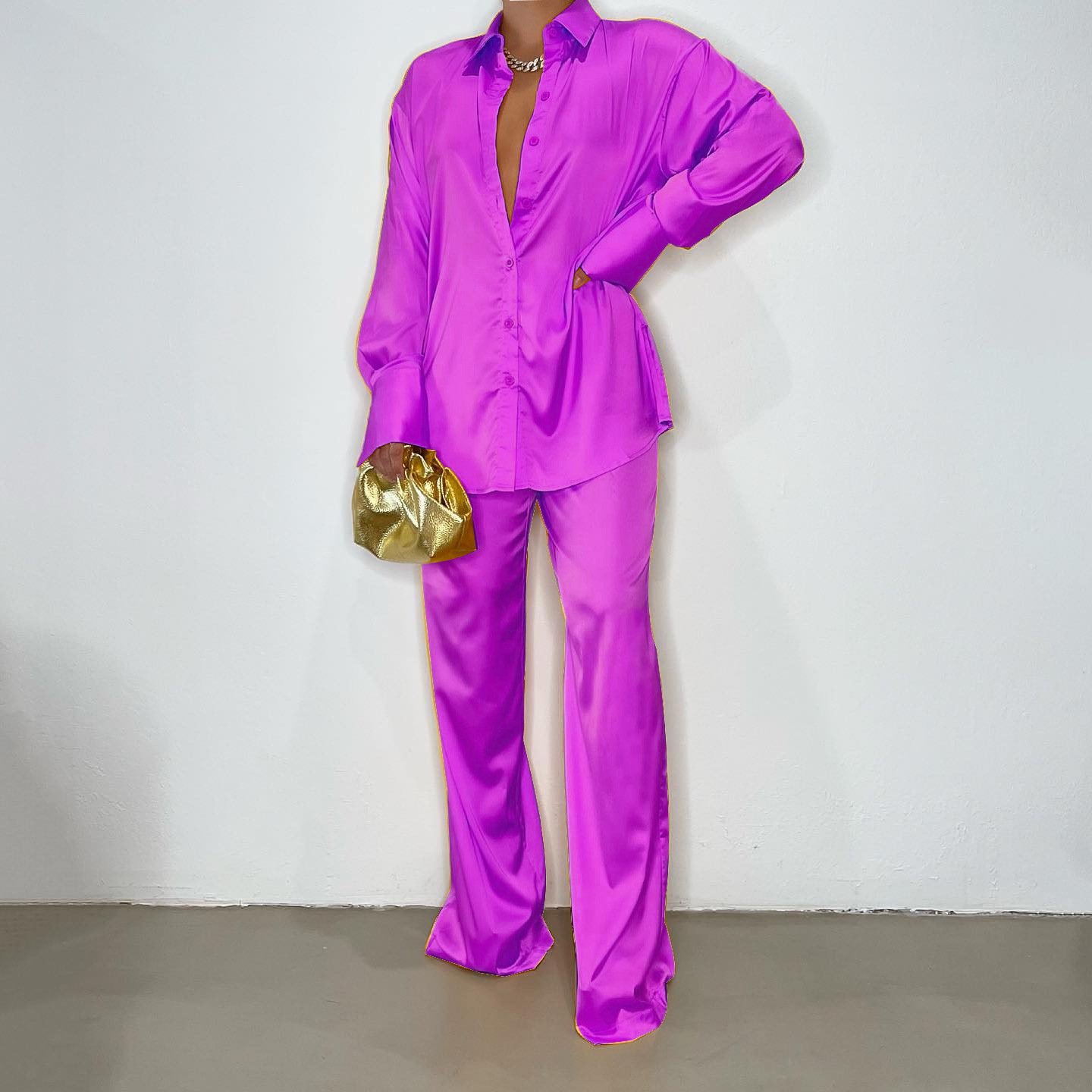Female Loose Solid Tops Two Pieces Outfits Casual Long Sleeve Shirt Straight Pants Suit 2024 Elegant Satin Women's Sets