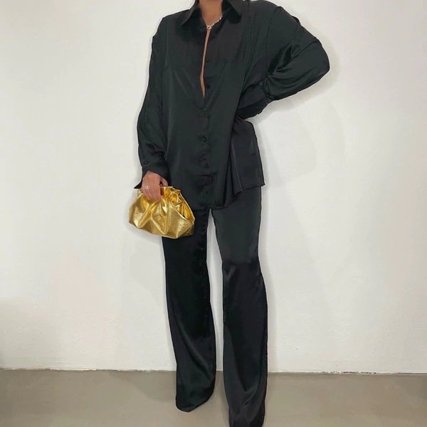 Female Loose Solid Tops Two Pieces Outfits Casual Long Sleeve Shirt Straight Pants Suit 2024 Elegant Satin Women's Sets