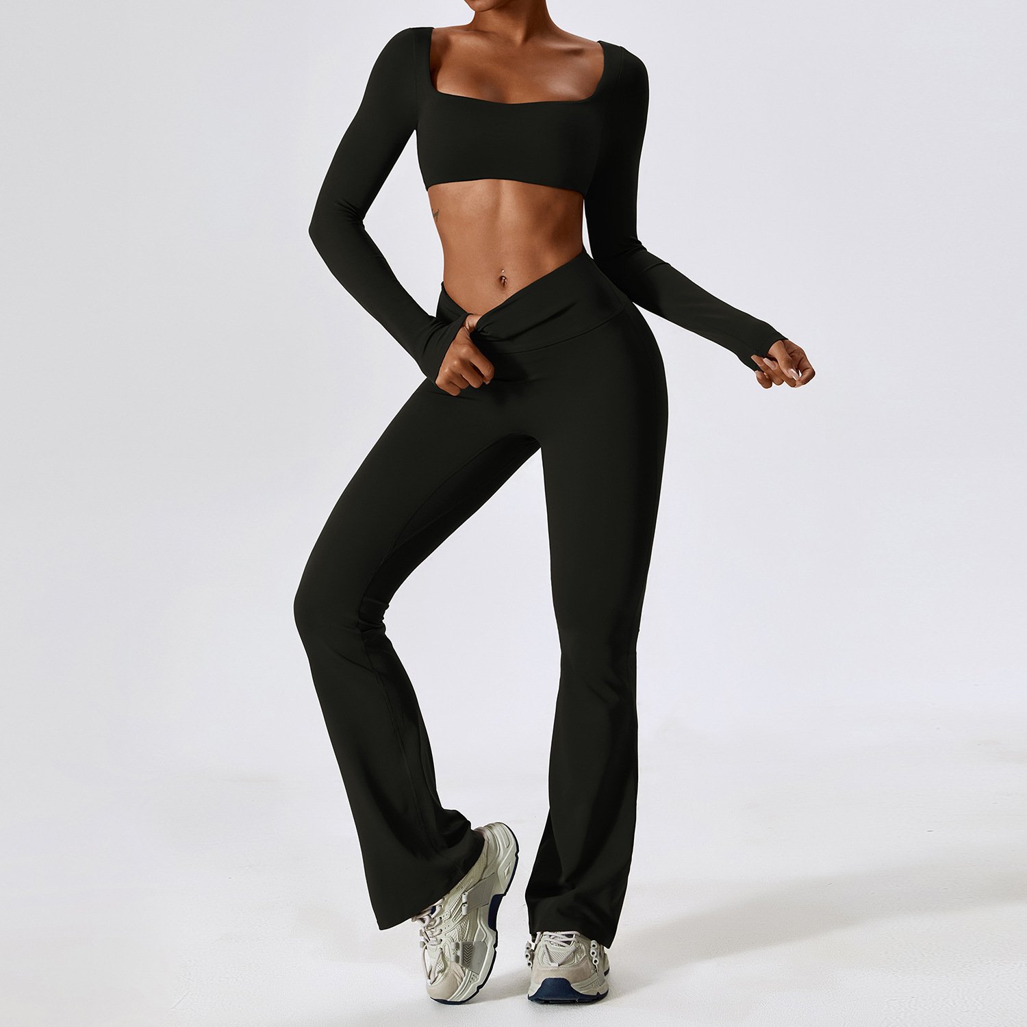 Comfortable Long Sleeve Yoga Sets Workout Flare Leggings Women Two Piece Long Sleeve Yoga Bra Yoga Pants Set