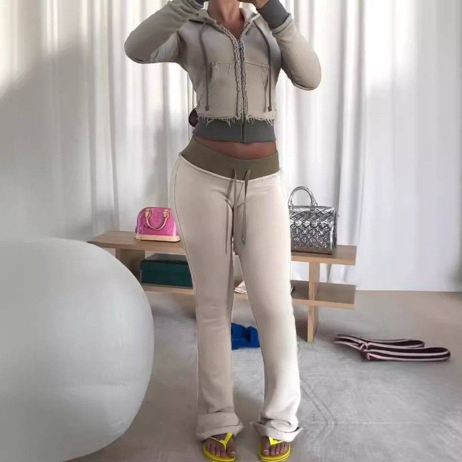women's set polyester fall 2024 women clothes zip up jacket crop hoodie and jogger set two piece flared pants tracksuit clothing