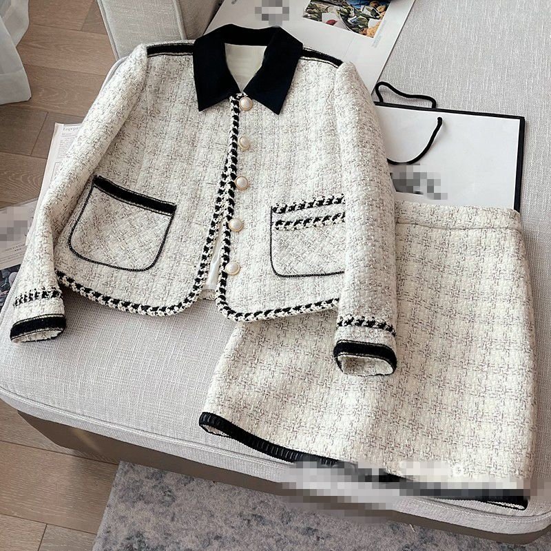 Light Luxury Women's Winter New Thousand Bird Pattern Tweed Set with Contrast Color Half Skirt High Quality Two Piece Set