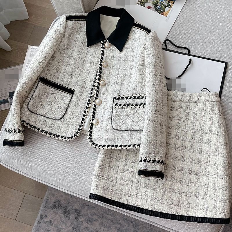 Light Luxury Women's Winter New Thousand Bird Pattern Tweed Set with Contrast Color Half Skirt High Quality Two Piece Set