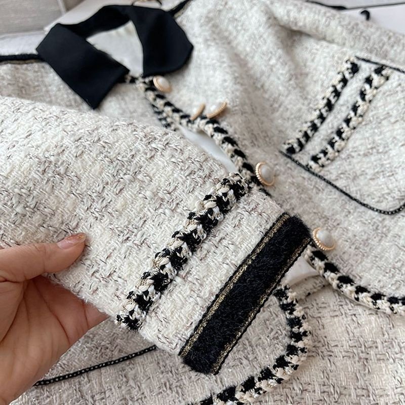 Light Luxury Women's Winter New Thousand Bird Pattern Tweed Set with Contrast Color Half Skirt High Quality Two Piece Set