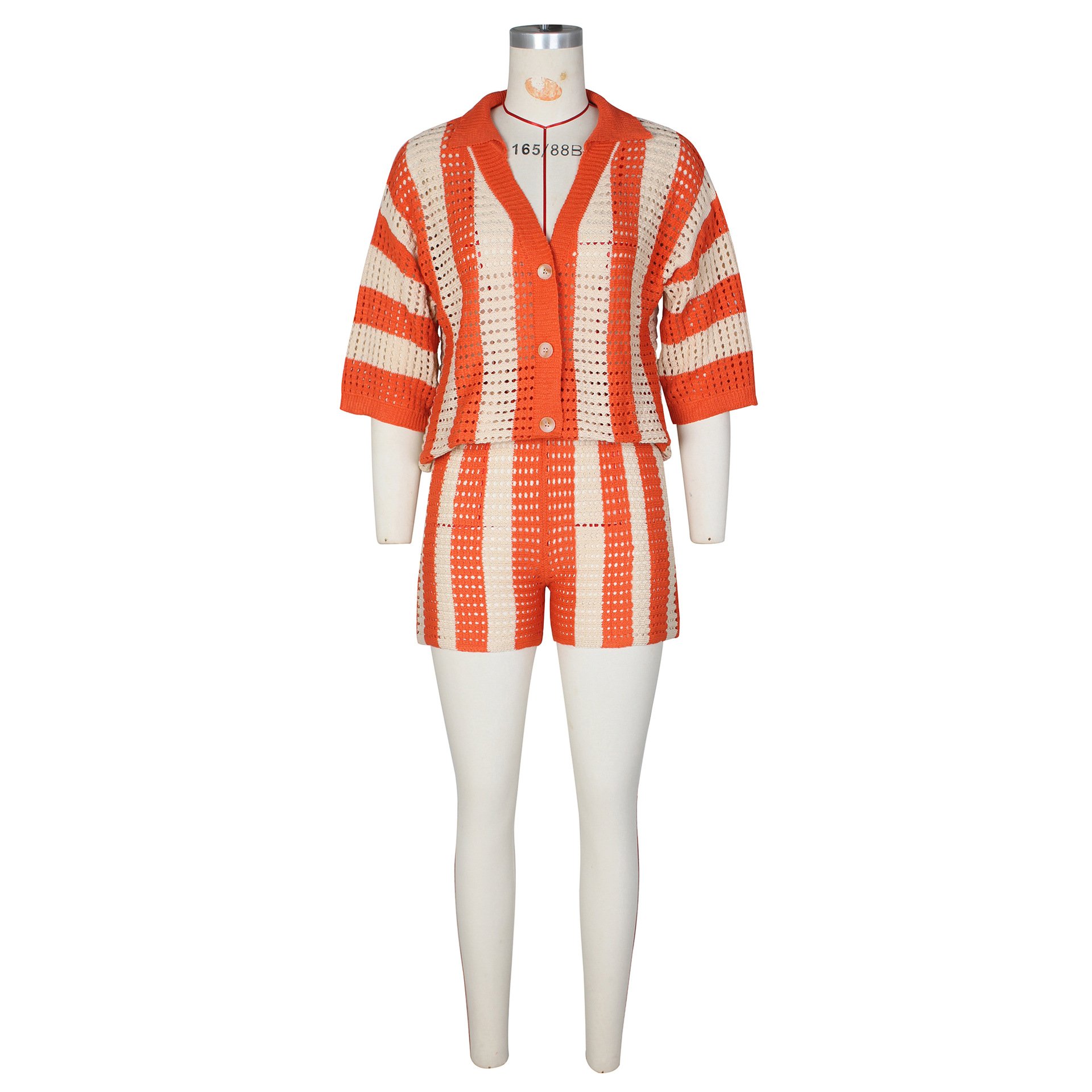 Wholesale New Style Casual Short Sleeve Two Piece Elegant Hollow Out Knitted V-Neck Striped Patchwork Women's Set