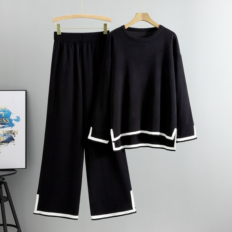 Women's Casual 2-Piece Set Fall Winter O-Neck Sweater Tops & Pants Long Sleeve Knit Street Wear Color Patchwork Autumn