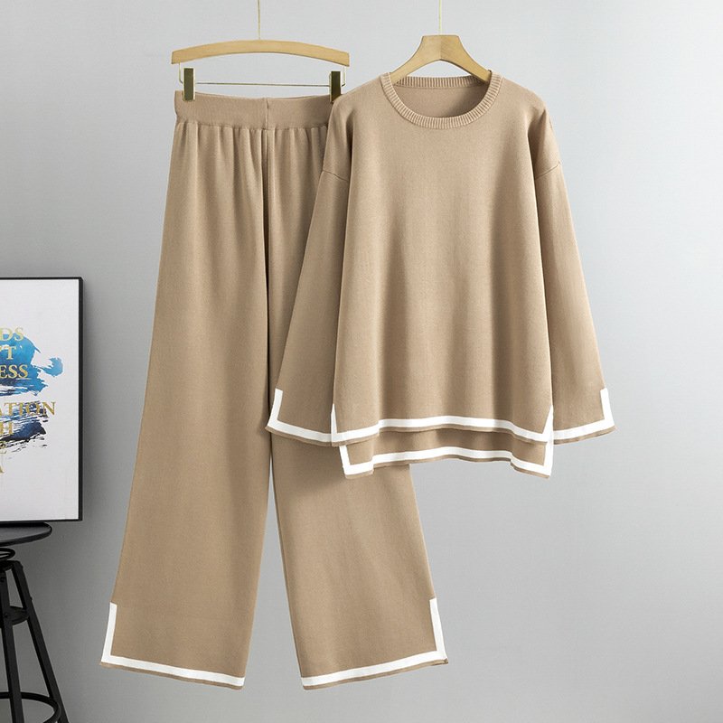 Women's Casual 2-Piece Set Fall Winter O-Neck Sweater Tops & Pants Long Sleeve Knit Street Wear Color Patchwork Autumn