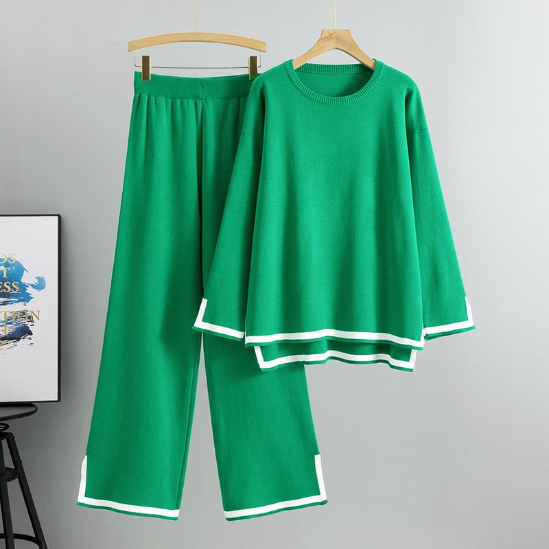 Women's Casual 2-Piece Set Fall Winter O-Neck Sweater Tops & Pants Long Sleeve Knit Street Wear Color Patchwork Autumn