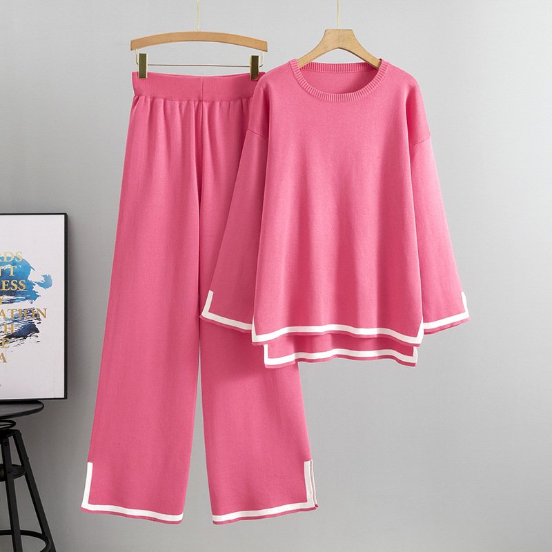 Women's Casual 2-Piece Set Fall Winter O-Neck Sweater Tops & Pants Long Sleeve Knit Street Wear Color Patchwork Autumn