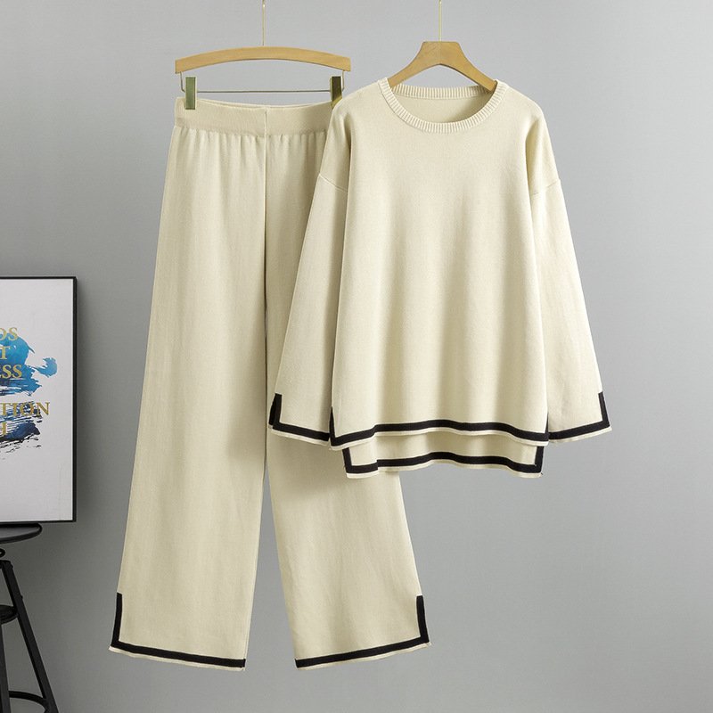 Women's Casual 2-Piece Set Fall Winter O-Neck Sweater Tops & Pants Long Sleeve Knit Street Wear Color Patchwork Autumn