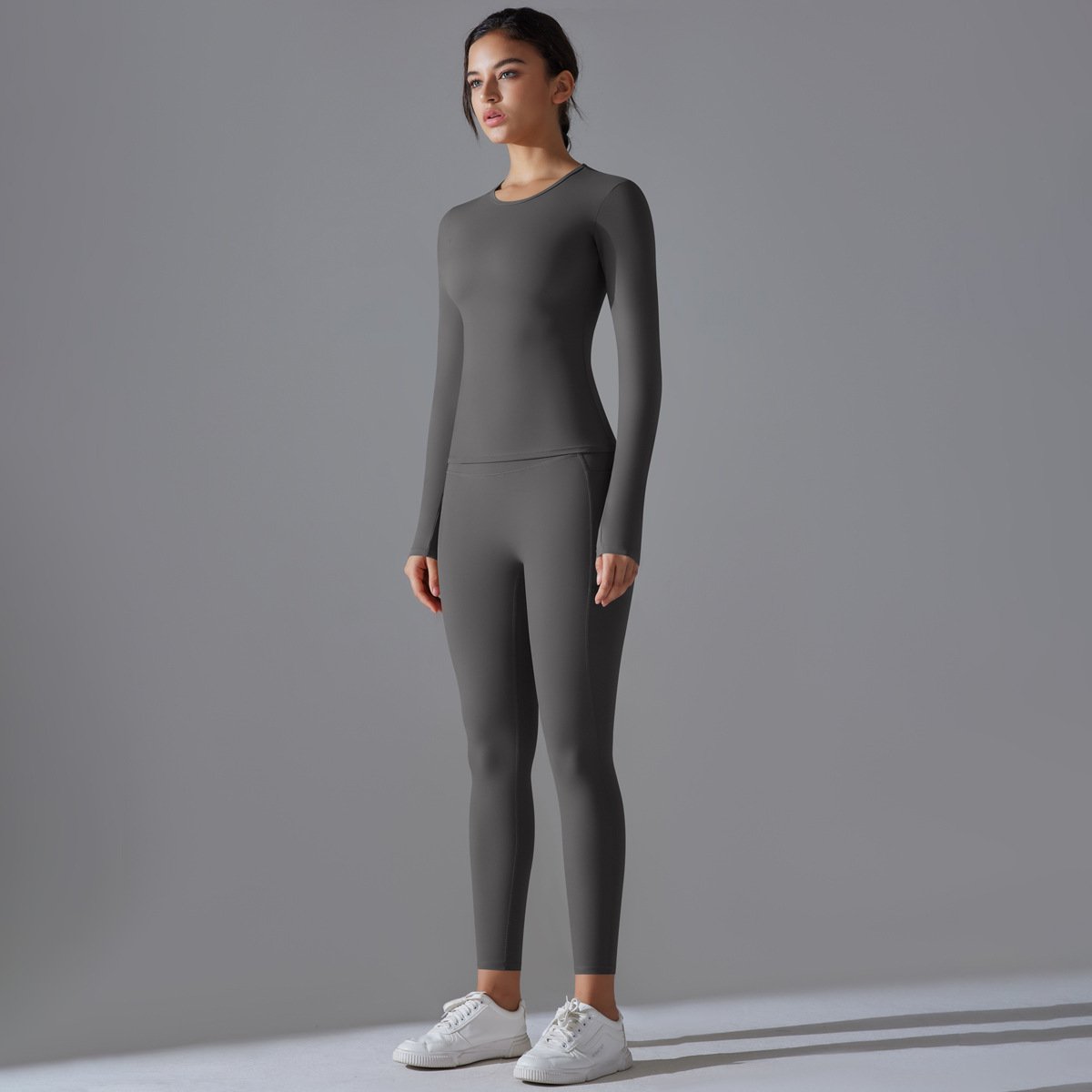 Aoyema Gym Fitness Long Sleeve Sweatshirt Activewear High Waist Leggings Clothes Gym Wear Women Long Sleeve 2 Piece Yoga Sets