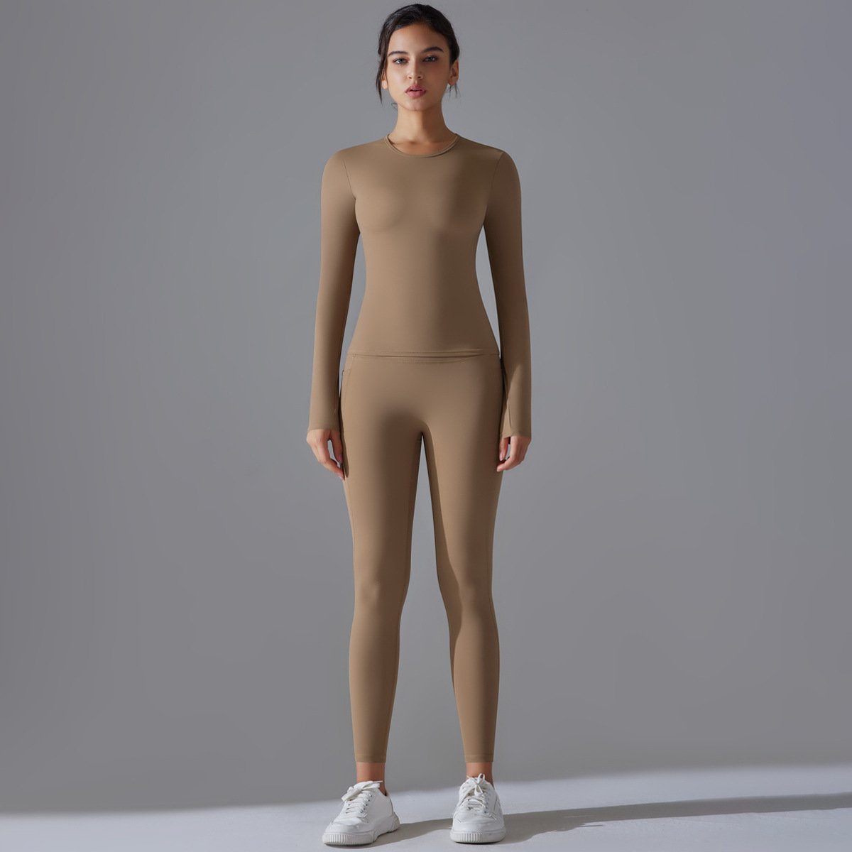 Aoyema Gym Fitness Long Sleeve Sweatshirt Activewear High Waist Leggings Clothes Gym Wear Women Long Sleeve 2 Piece Yoga Sets