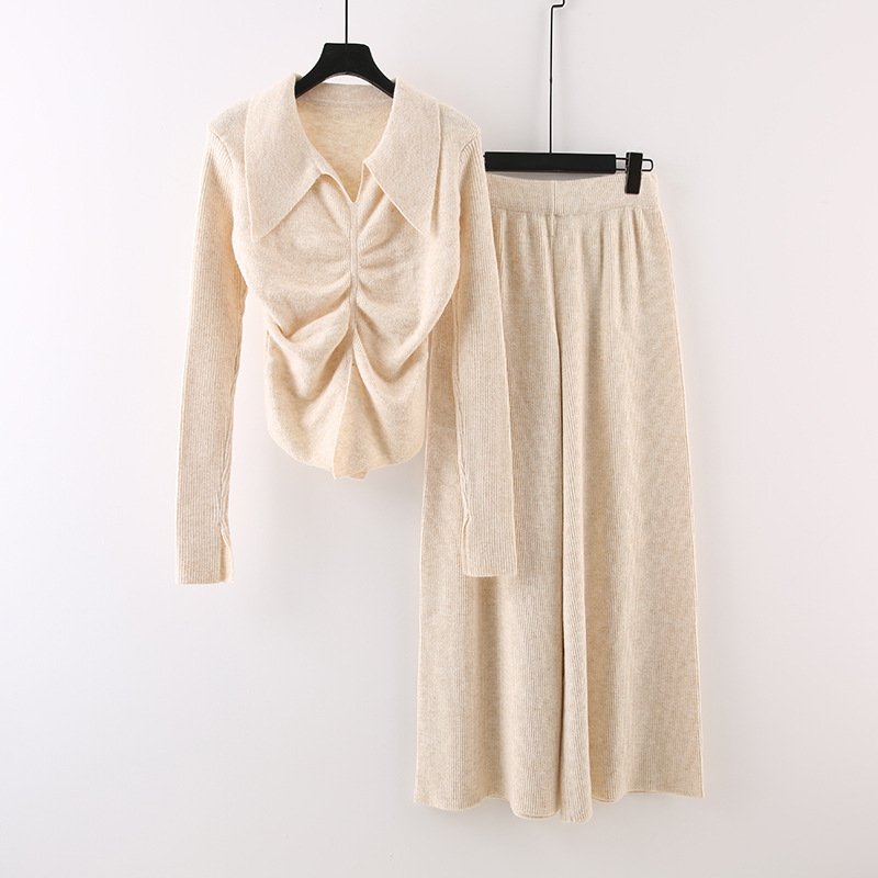 Boutique Wholesale 2024 Autumn New Fashionable Pleated Slim Fit Long Sleeved Knitted Sweater Wide Leg Pants Women's Set