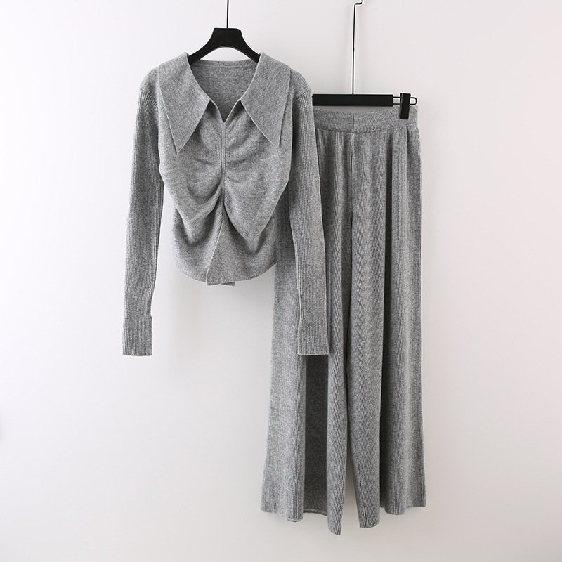 Boutique Wholesale 2024 Autumn New Fashionable Pleated Slim Fit Long Sleeved Knitted Sweater Wide Leg Pants Women's Set
