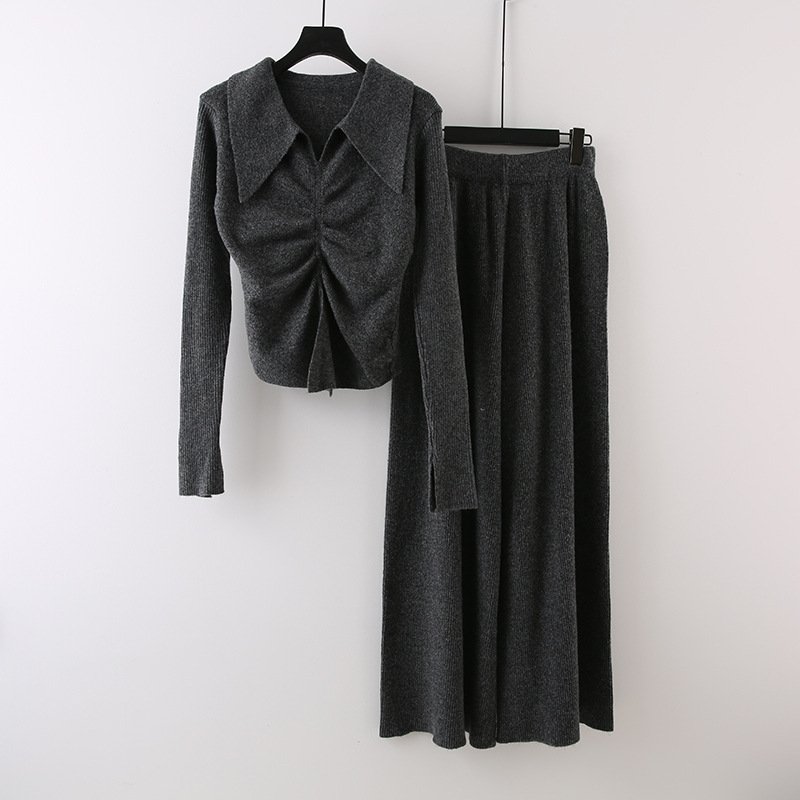 Boutique Wholesale 2024 Autumn New Fashionable Pleated Slim Fit Long Sleeved Knitted Sweater Wide Leg Pants Women's Set