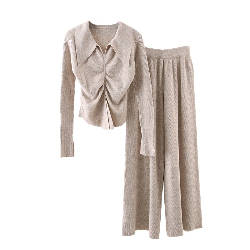 Boutique Wholesale 2024 Autumn New Fashionable Pleated Slim Fit Long Sleeved Knitted Sweater Wide Leg Pants Women's Set