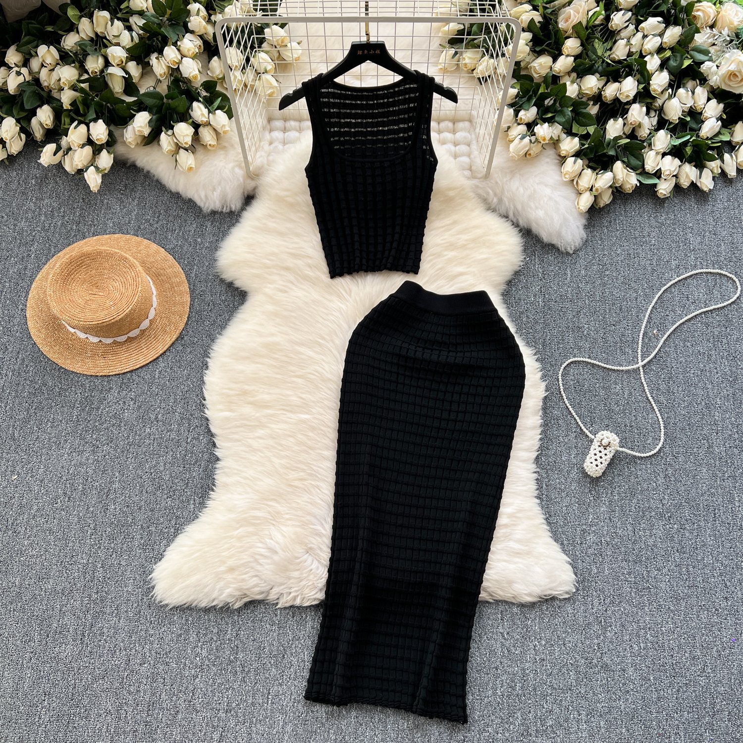Women's Sets Spring Sleeveless Hollow Out Hollow Out Tops Skirt Set Ropa Wholesale