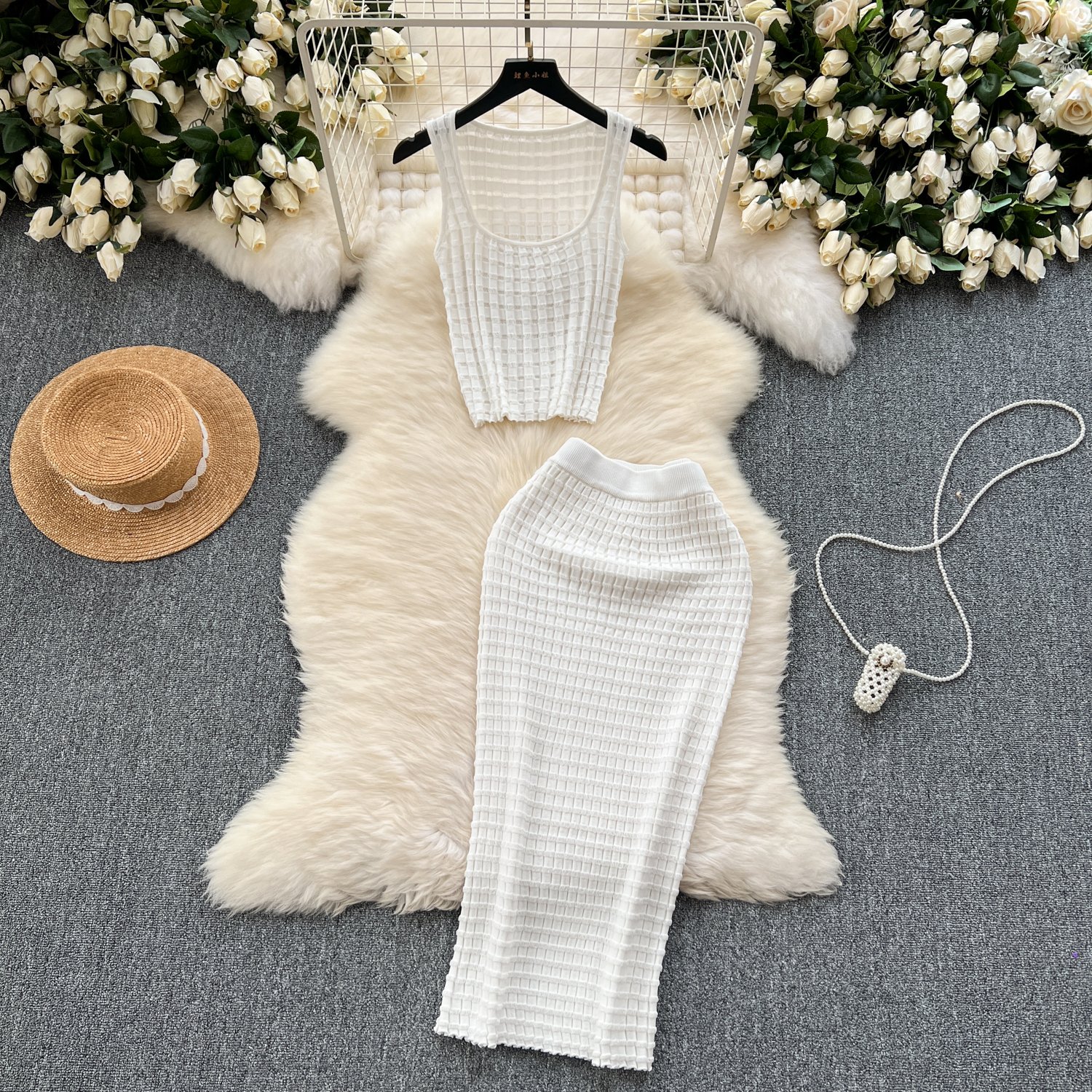 Women's Sets Spring Sleeveless Hollow Out Hollow Out Tops Skirt Set Ropa Wholesale