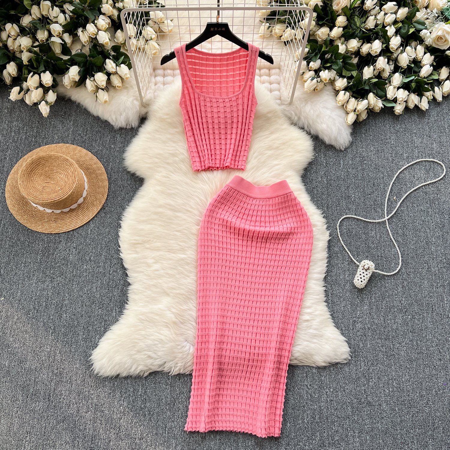 Women's Sets Spring Sleeveless Hollow Out Hollow Out Tops Skirt Set Ropa Wholesale