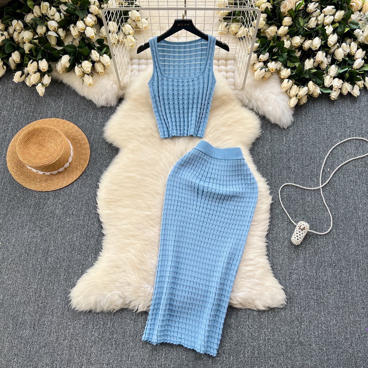 Women's Sets Spring Sleeveless Hollow Out Hollow Out Tops Skirt Set Ropa Wholesale