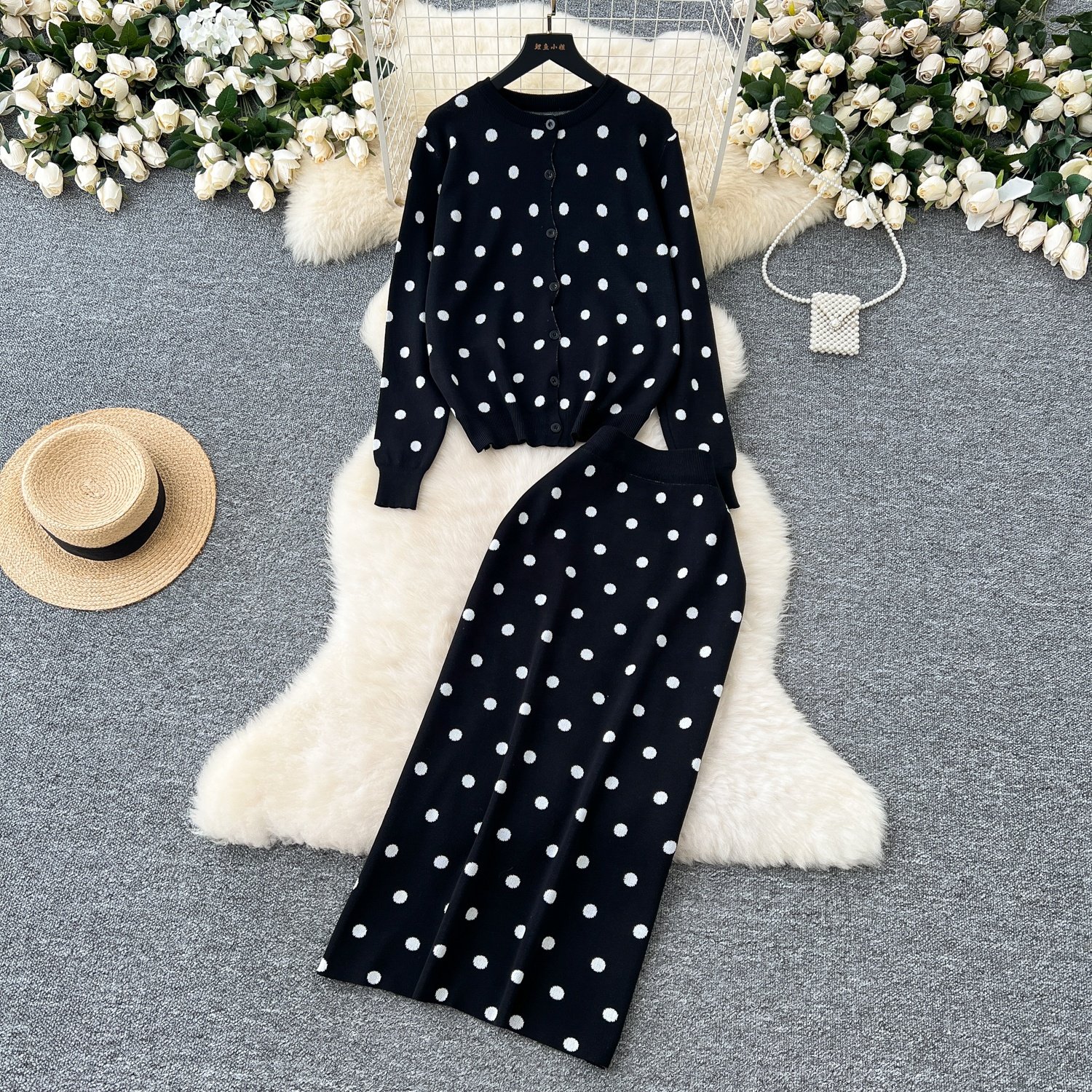 Women'S Round Neck Polka Dot Knit Cardigan Women'S Sweater Skirt Two Piece Set