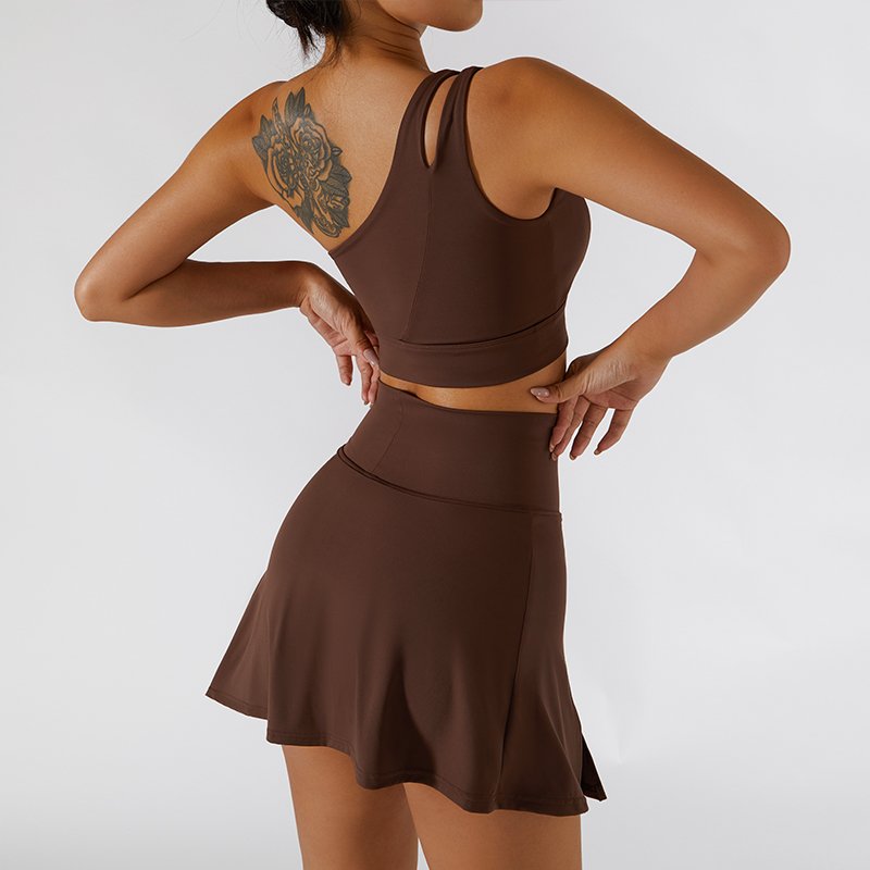 New INS Women Slanted One Shoulder Sexy Sports Bra Double Layer Tennis Skirt Gym Wear Ribbed Yoga Sets