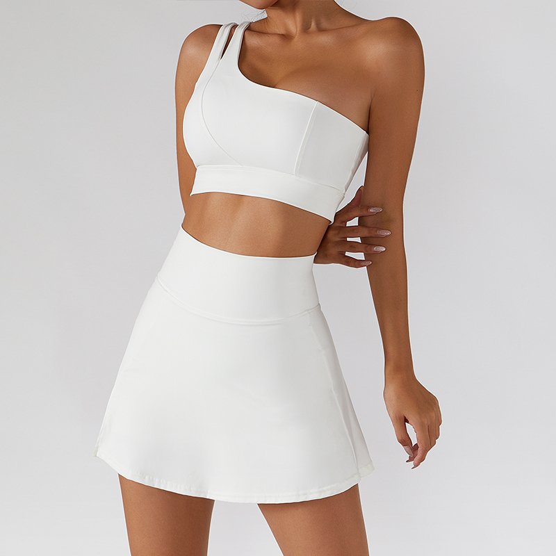 New INS Women Slanted One Shoulder Sexy Sports Bra Double Layer Tennis Skirt Gym Wear Ribbed Yoga Sets