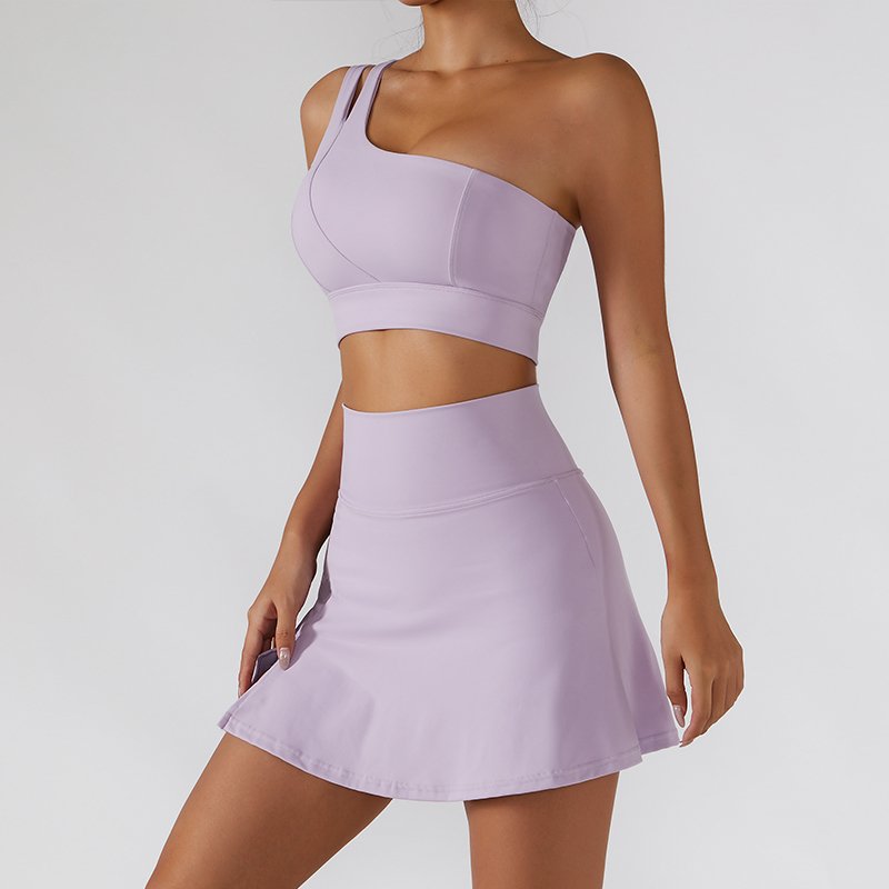 New INS Women Slanted One Shoulder Sexy Sports Bra Double Layer Tennis Skirt Gym Wear Ribbed Yoga Sets