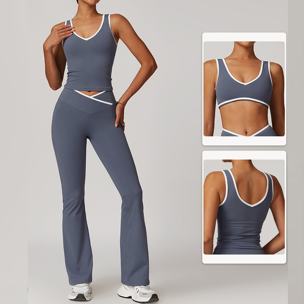 Womens Sweatsuit Plus Size Fitness Clothing Yoga Wear Cross V Shape High Waist Wide Leg Leggings Set