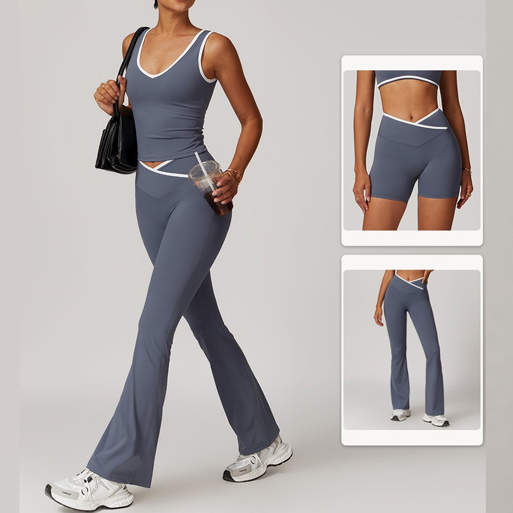 Womens Sweatsuit Plus Size Fitness Clothing Yoga Wear Cross V Shape High Waist Wide Leg Leggings Set