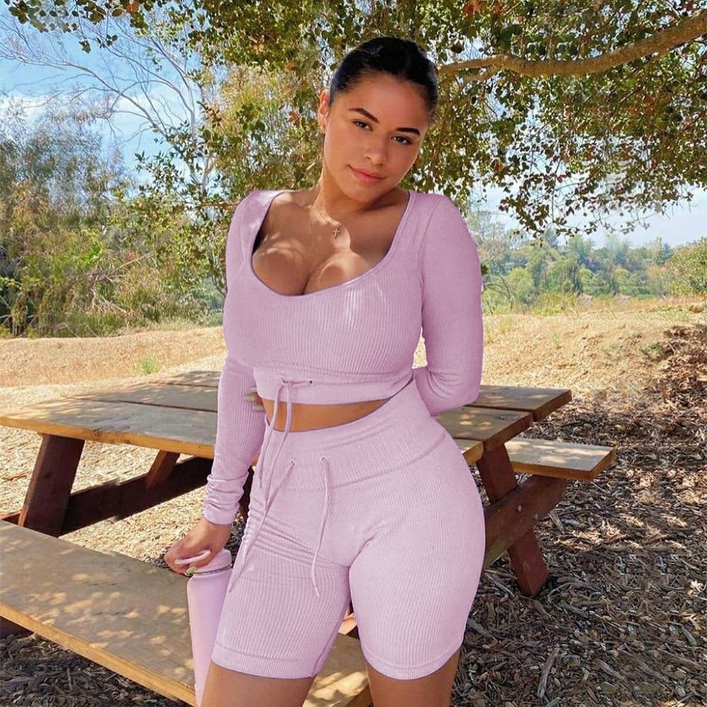 Women's Tracksuit Seamless Sets 2PC Two Piece Yoga Workout Set Sportswear Fitness Long Sleeve Shorts Outfit