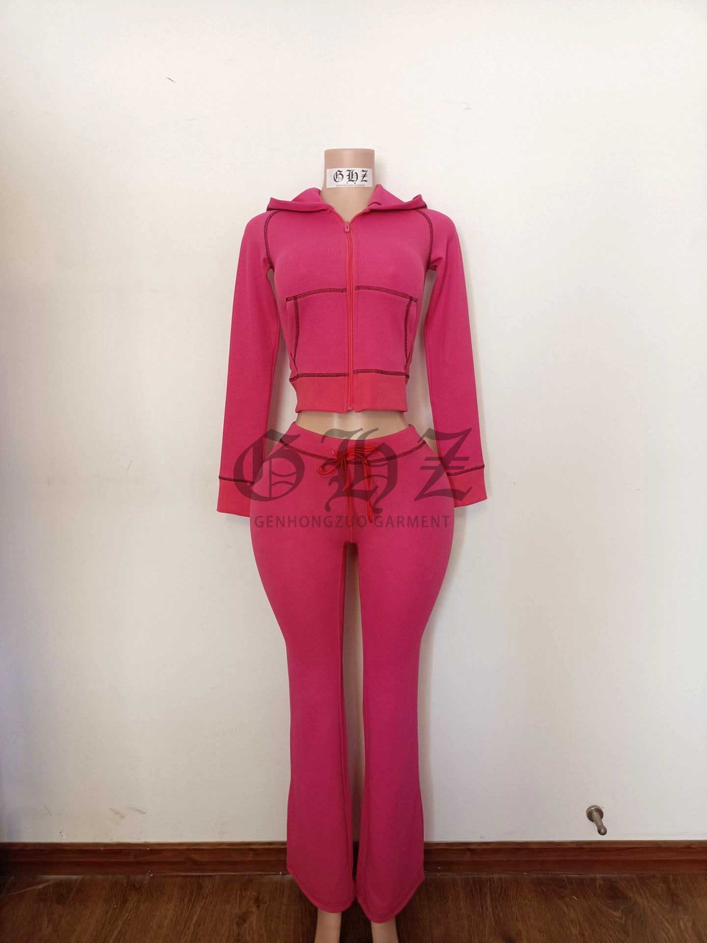 Custom Waffle Knit Lounge Wear Sets Women Body Basics Zipper Hoodie Jacket And Flared Pants Loungewear Women 2 Piece Sets