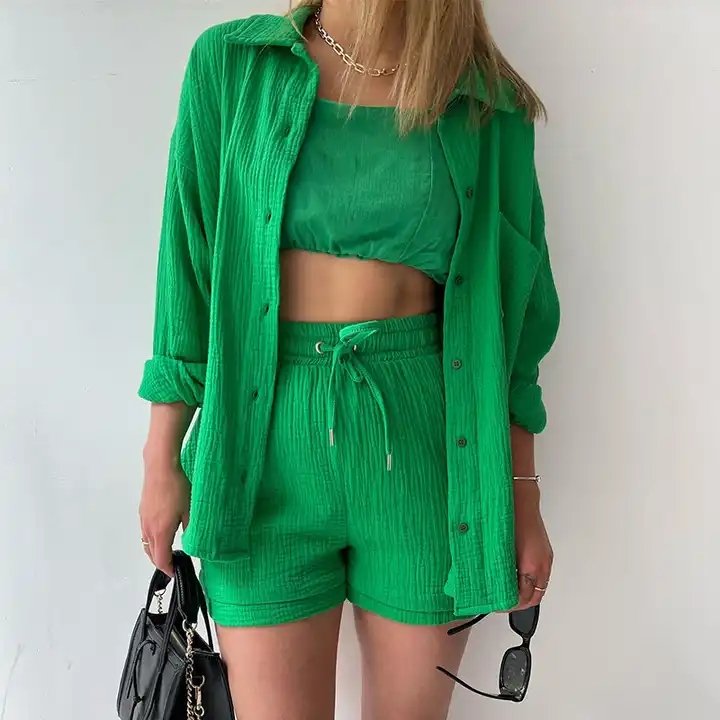 wholesale 100% cotton women casual two piece sets ladies solid lounge shorts sets 2024 spring autumn suits women's clothing
