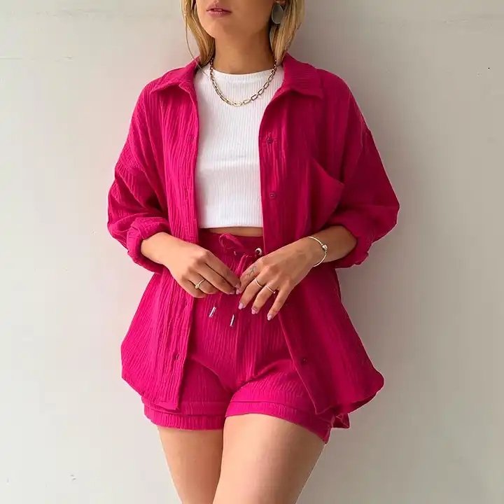 wholesale 100% cotton women casual two piece sets ladies solid lounge shorts sets 2024 spring autumn suits women's clothing