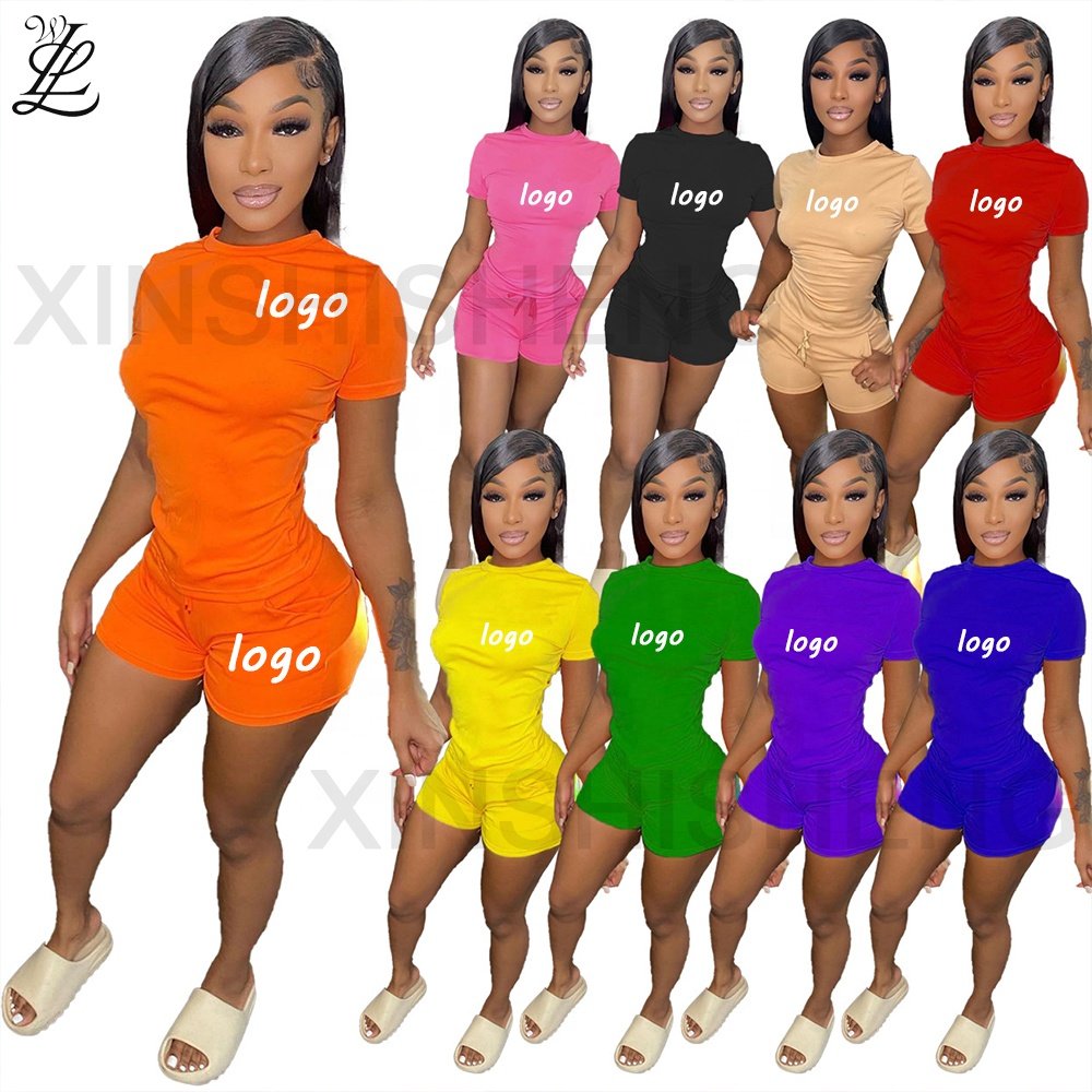 2024 Summer Women Outfit Round Collar Yoga Sportswear Short Sleeve Top And Bottom Logo Stretchable Jogger Slim Fit 2 Piece Set
