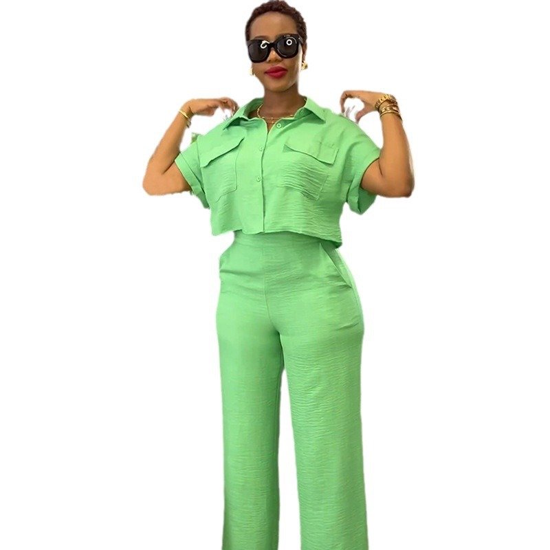 Boutique Wholesale 2024 Summer New Casual Collar Short Sleeved Shirt Wide Leg Pants Fashionable Women's Sets