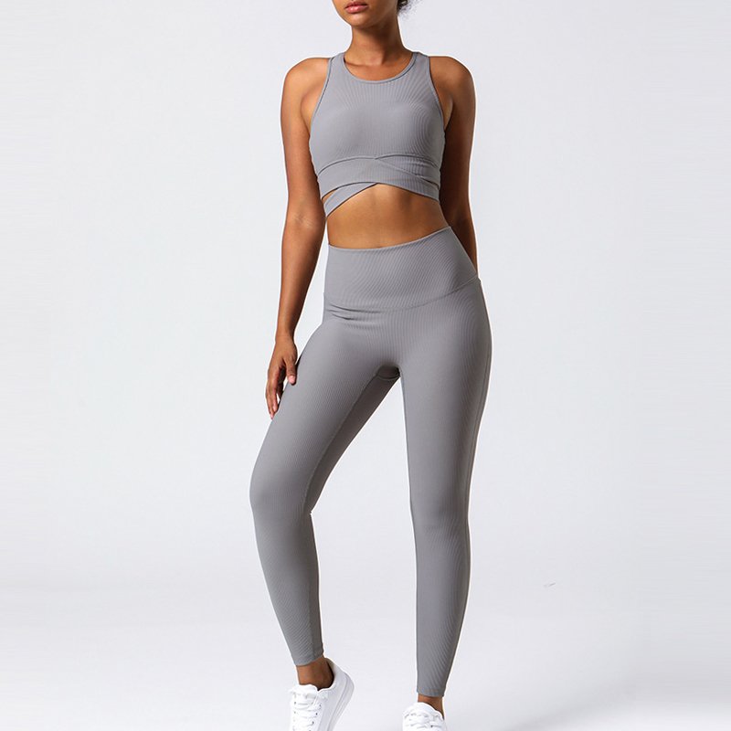 European and American Rib Fabric Women Gym Set High Waist Buttock Lifting Fitness Set High Elastic Tight Yoga Sport Set Women