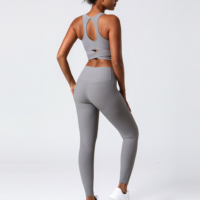 European and American Rib Fabric Women Gym Set High Waist Buttock Lifting Fitness Set High Elastic Tight Yoga Sport Set Women