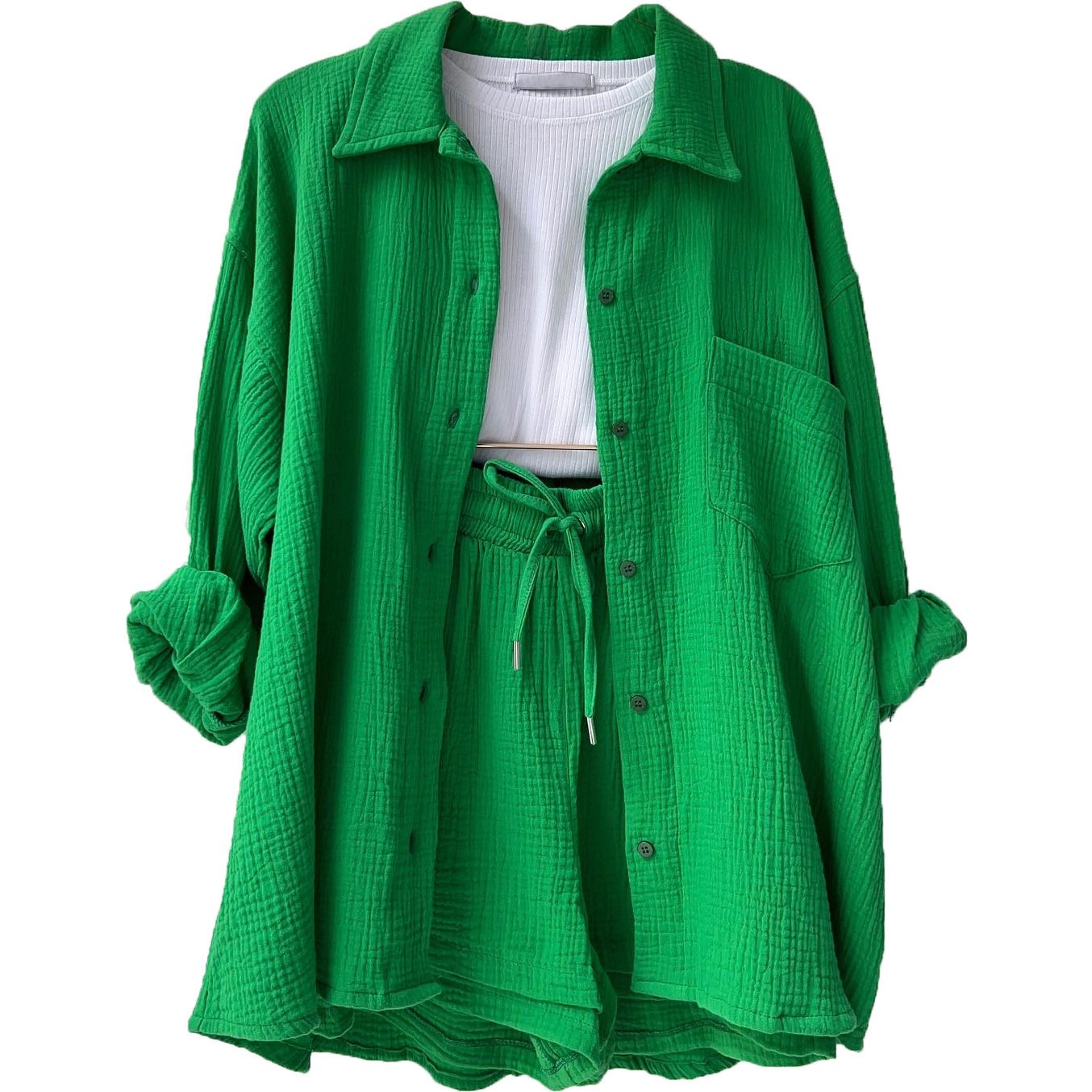 High Street Women's Summer Fashion Workout Suits Cotton Linen Crepe Shirt Shorts Set Lapel Button Custom Logo Solid Woven Dress