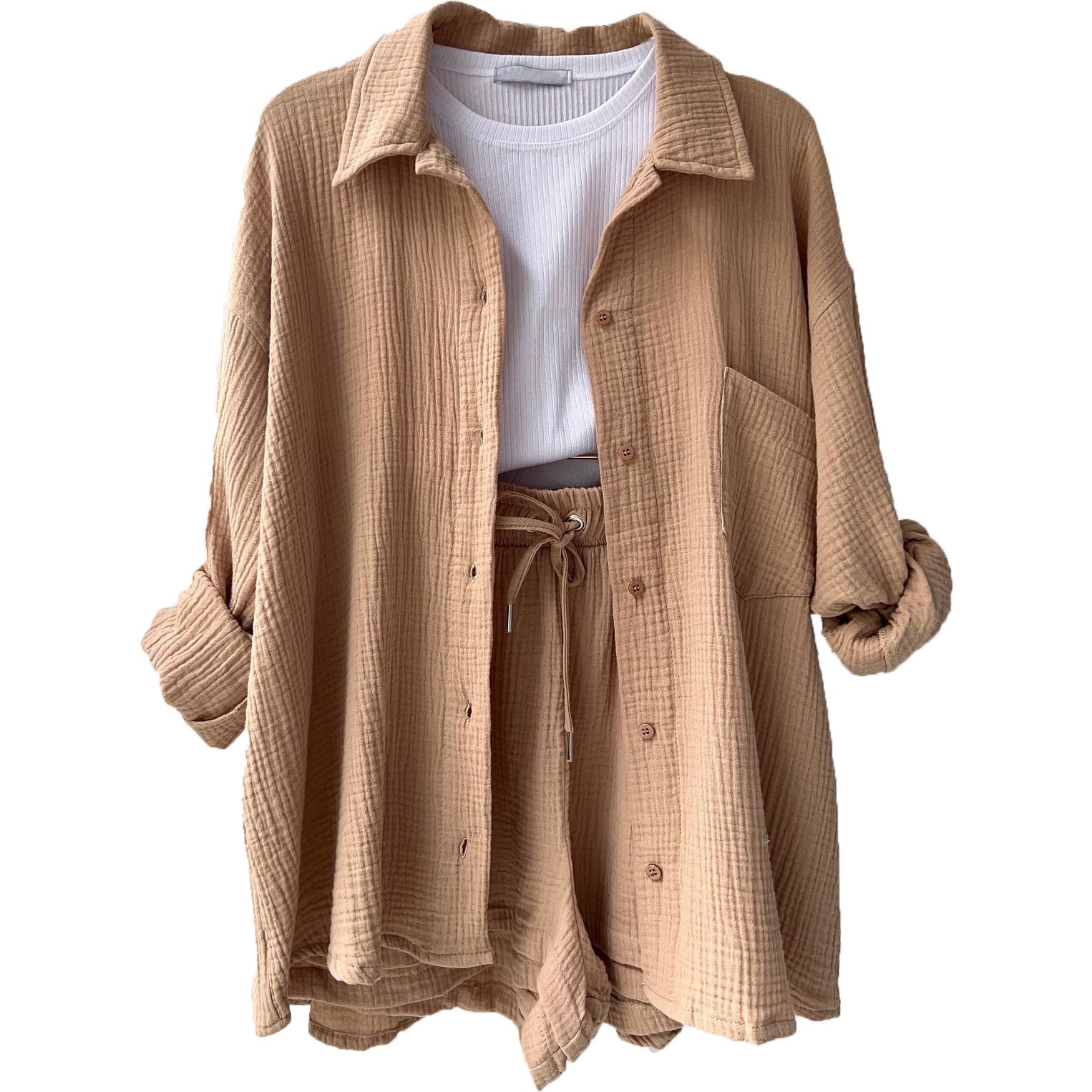 High Street Women's Summer Fashion Workout Suits Cotton Linen Crepe Shirt Shorts Set Lapel Button Custom Logo Solid Woven Dress