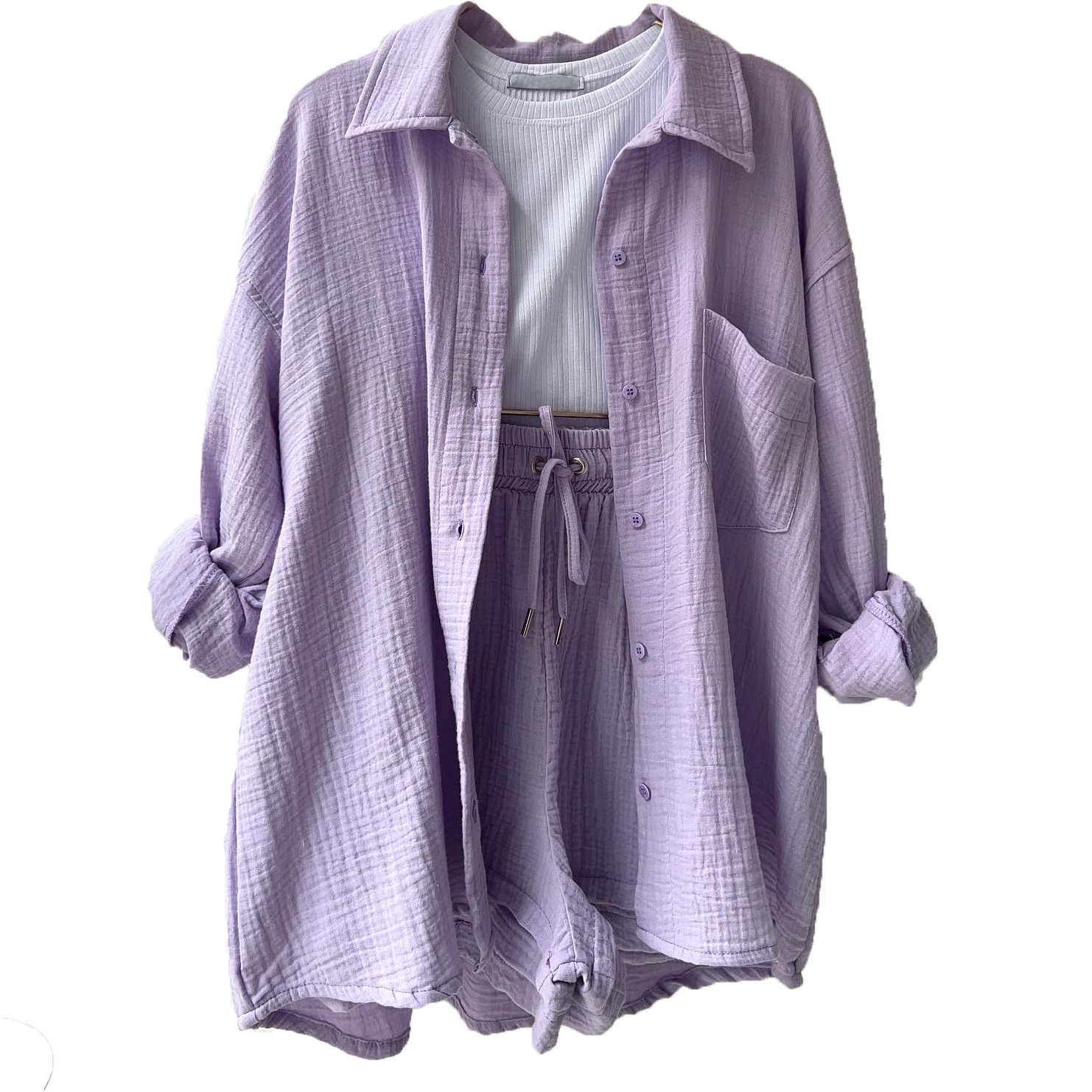High Street Women's Summer Fashion Workout Suits Cotton Linen Crepe Shirt Shorts Set Lapel Button Custom Logo Solid Woven Dress