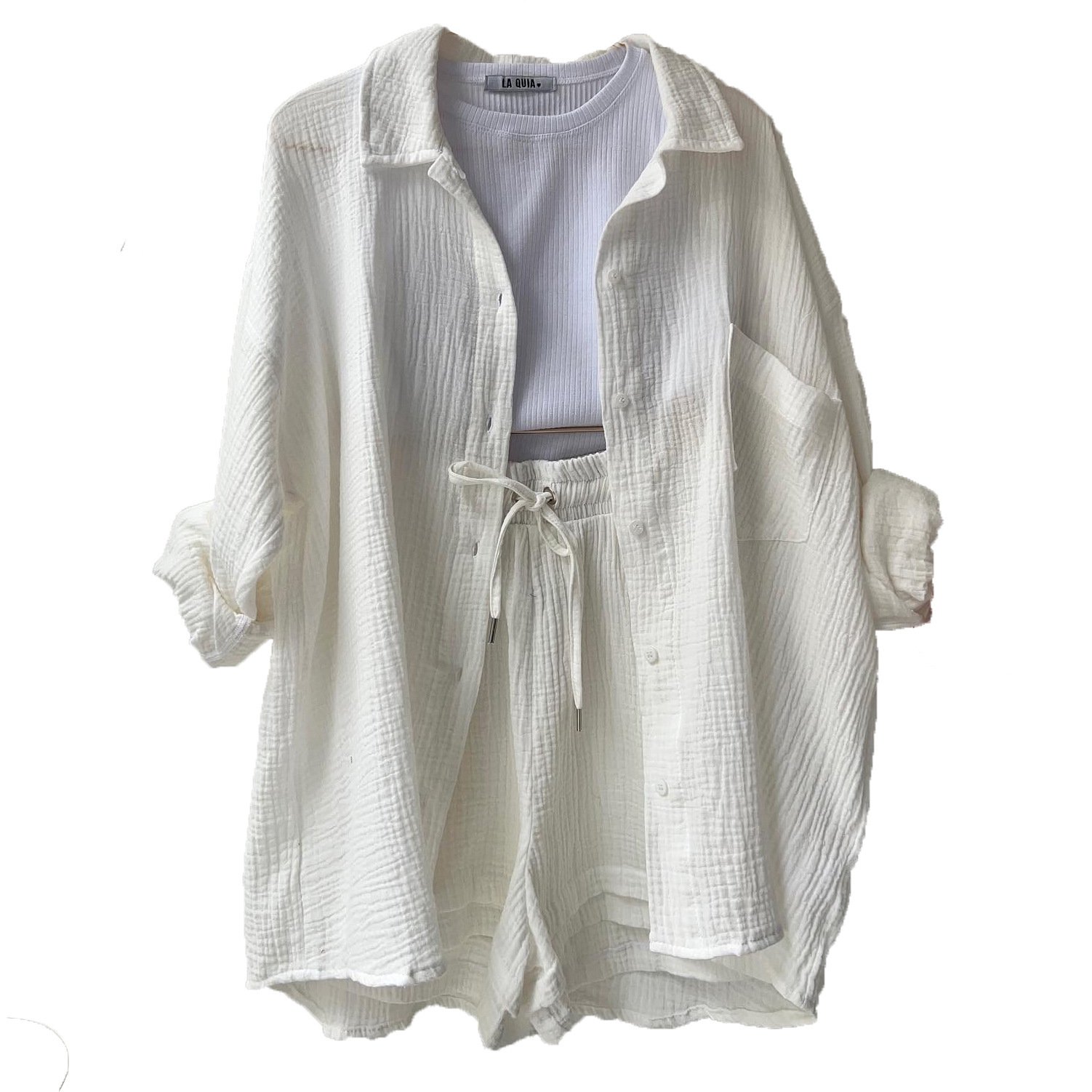 High Street Women's Summer Fashion Workout Suits Cotton Linen Crepe Shirt Shorts Set Lapel Button Custom Logo Solid Woven Dress
